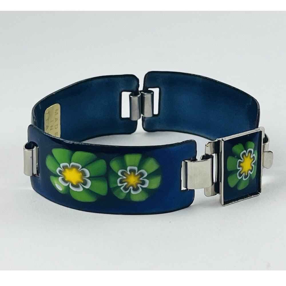 Vintage Italian Art Glass Panel bracelet Pop Art Flower Green Blue Yellow MOD 60